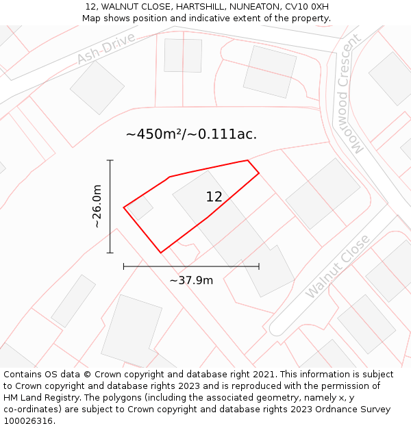 12, WALNUT CLOSE, HARTSHILL, NUNEATON, CV10 0XH: Plot and title map