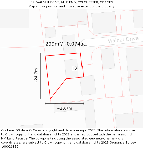 12, WALNUT DRIVE, MILE END, COLCHESTER, CO4 5ES: Plot and title map