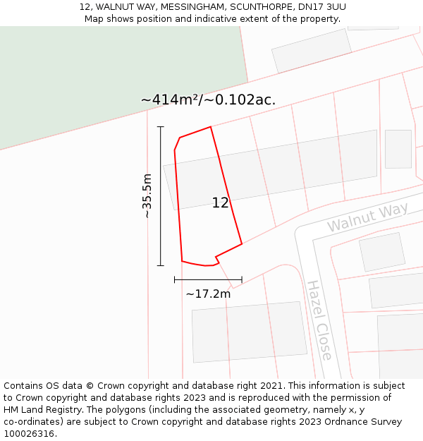 12, WALNUT WAY, MESSINGHAM, SCUNTHORPE, DN17 3UU: Plot and title map