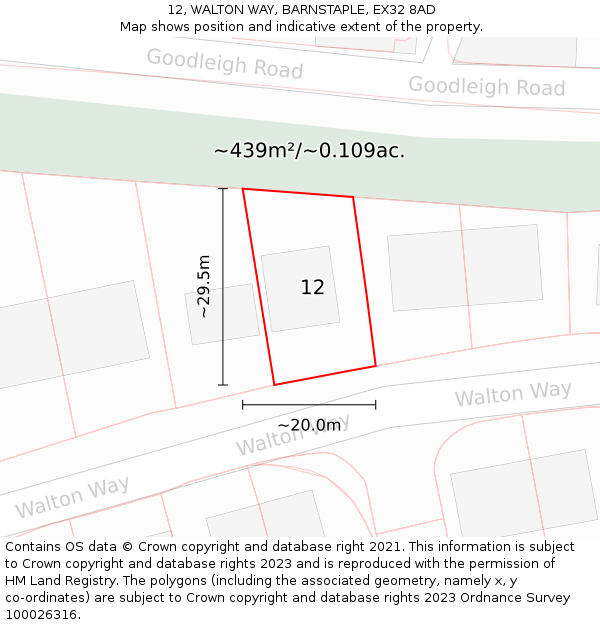 12, WALTON WAY, BARNSTAPLE, EX32 8AD: Plot and title map