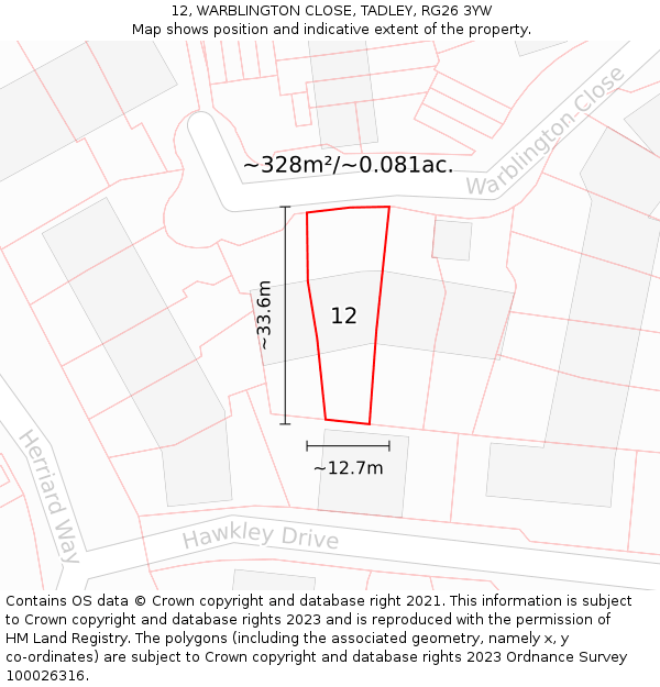 12, WARBLINGTON CLOSE, TADLEY, RG26 3YW: Plot and title map