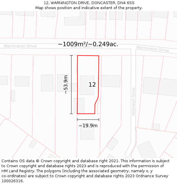 12, WARNINGTON DRIVE, DONCASTER, DN4 6SS: Plot and title map