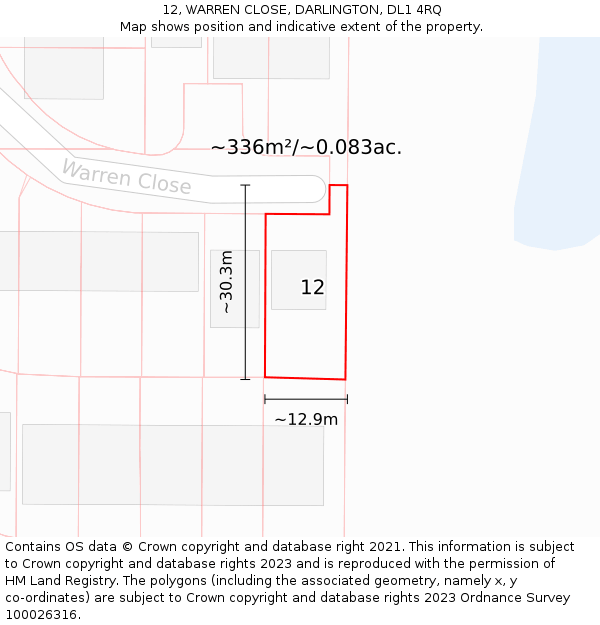 12, WARREN CLOSE, DARLINGTON, DL1 4RQ: Plot and title map