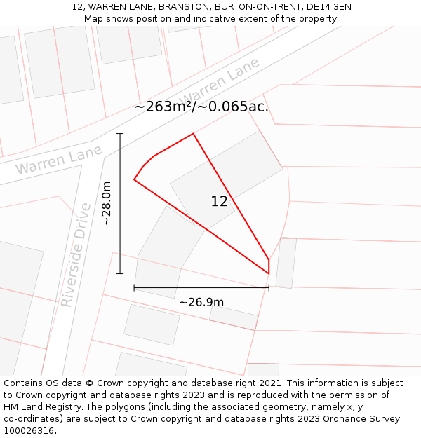 12, WARREN LANE, BRANSTON, BURTON-ON-TRENT, DE14 3EN: Plot and title map