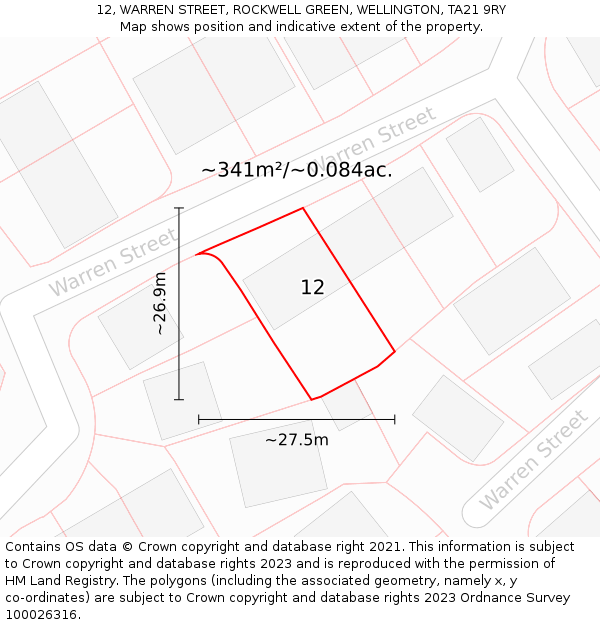 12, WARREN STREET, ROCKWELL GREEN, WELLINGTON, TA21 9RY: Plot and title map