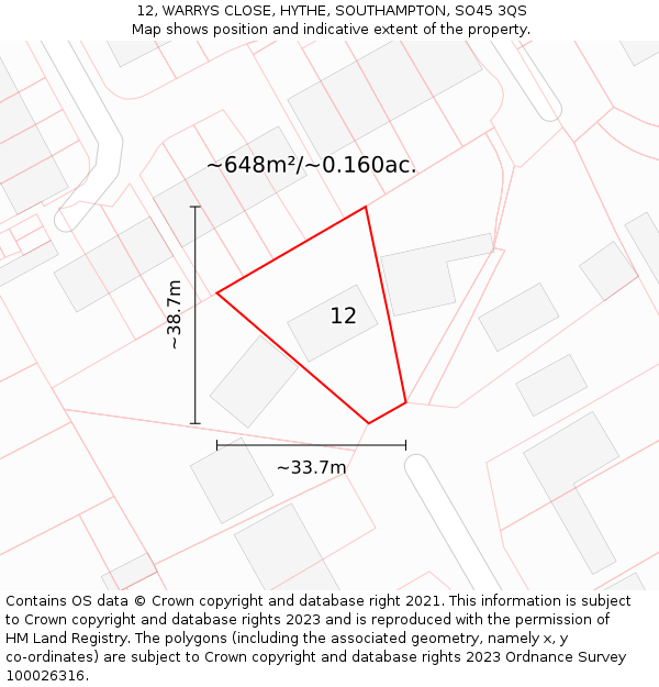 12, WARRYS CLOSE, HYTHE, SOUTHAMPTON, SO45 3QS: Plot and title map