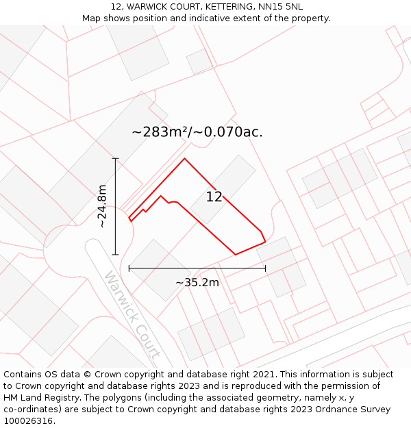 12, WARWICK COURT, KETTERING, NN15 5NL: Plot and title map