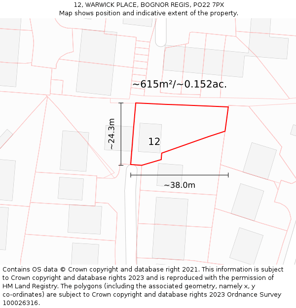 12, WARWICK PLACE, BOGNOR REGIS, PO22 7PX: Plot and title map