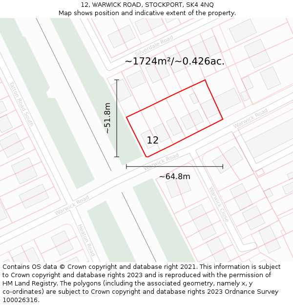 12, WARWICK ROAD, STOCKPORT, SK4 4NQ: Plot and title map