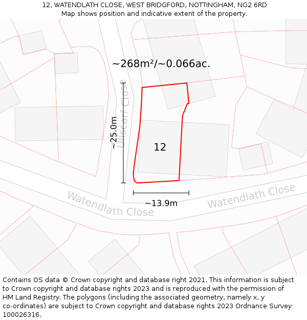 12, WATENDLATH CLOSE, WEST BRIDGFORD, NOTTINGHAM, NG2 6RD: Plot and title map