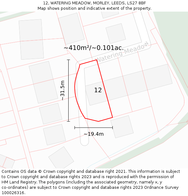 12, WATERING MEADOW, MORLEY, LEEDS, LS27 8BF: Plot and title map