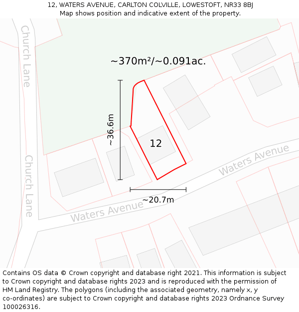 12, WATERS AVENUE, CARLTON COLVILLE, LOWESTOFT, NR33 8BJ: Plot and title map