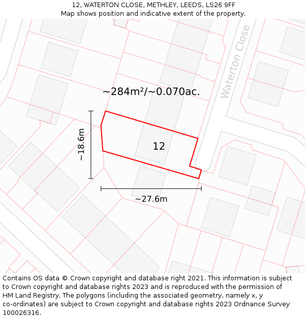 12, WATERTON CLOSE, METHLEY, LEEDS, LS26 9FF: Plot and title map