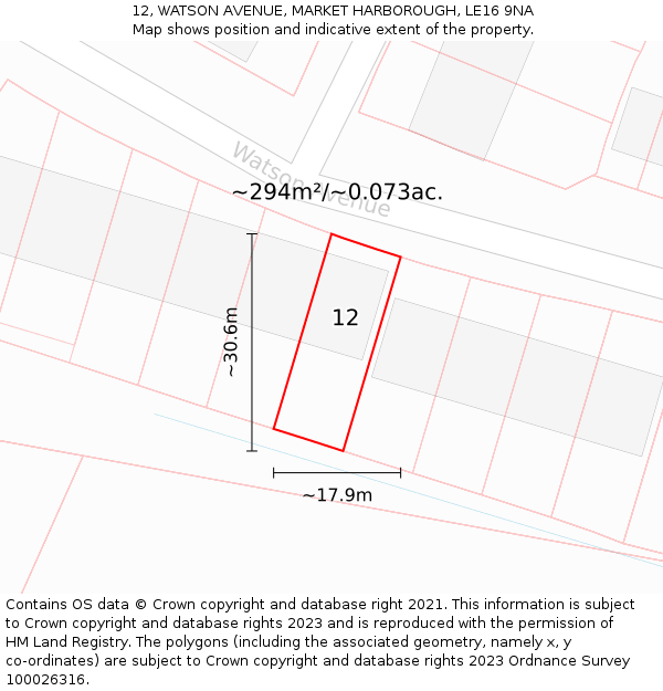 12, WATSON AVENUE, MARKET HARBOROUGH, LE16 9NA: Plot and title map