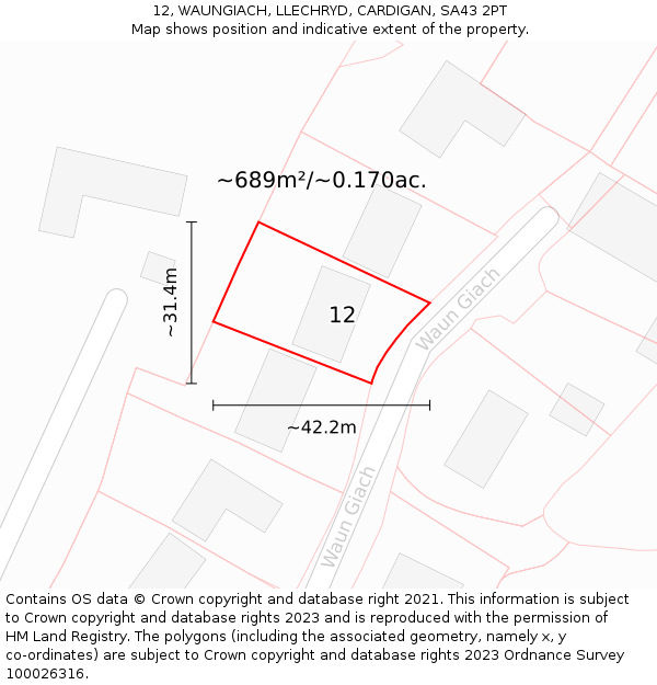 12, WAUNGIACH, LLECHRYD, CARDIGAN, SA43 2PT: Plot and title map