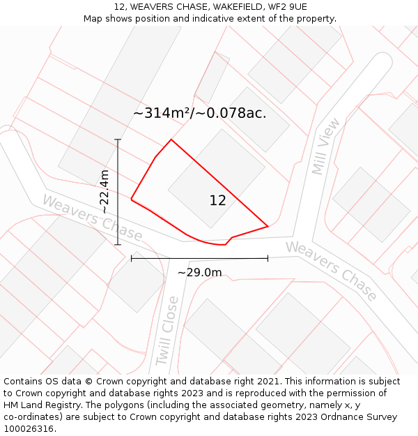 12, WEAVERS CHASE, WAKEFIELD, WF2 9UE: Plot and title map