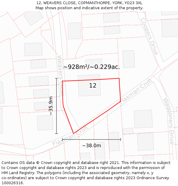 12, WEAVERS CLOSE, COPMANTHORPE, YORK, YO23 3XL: Plot and title map