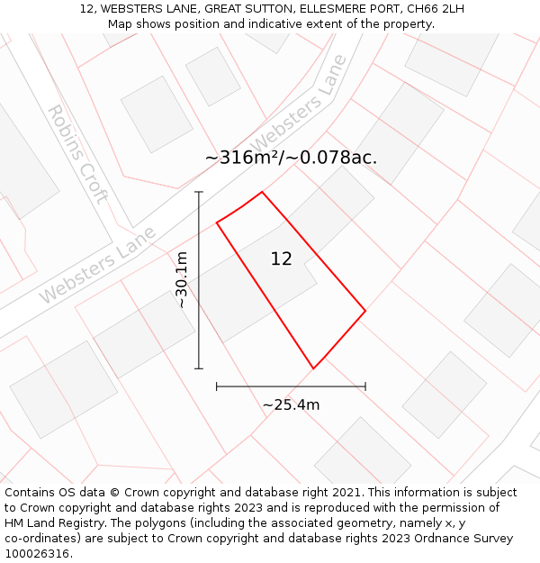 12, WEBSTERS LANE, GREAT SUTTON, ELLESMERE PORT, CH66 2LH: Plot and title map