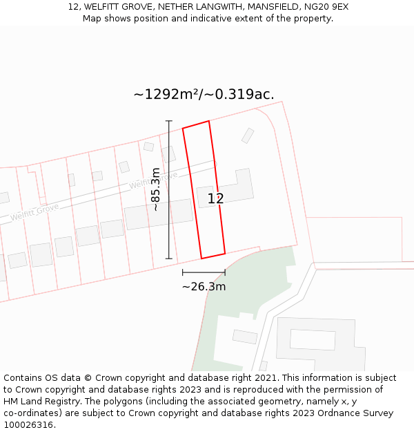 12, WELFITT GROVE, NETHER LANGWITH, MANSFIELD, NG20 9EX: Plot and title map