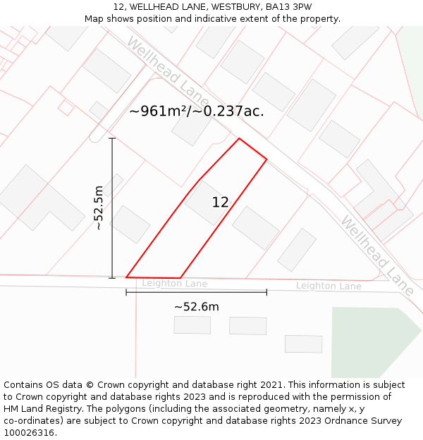 12, WELLHEAD LANE, WESTBURY, BA13 3PW: Plot and title map