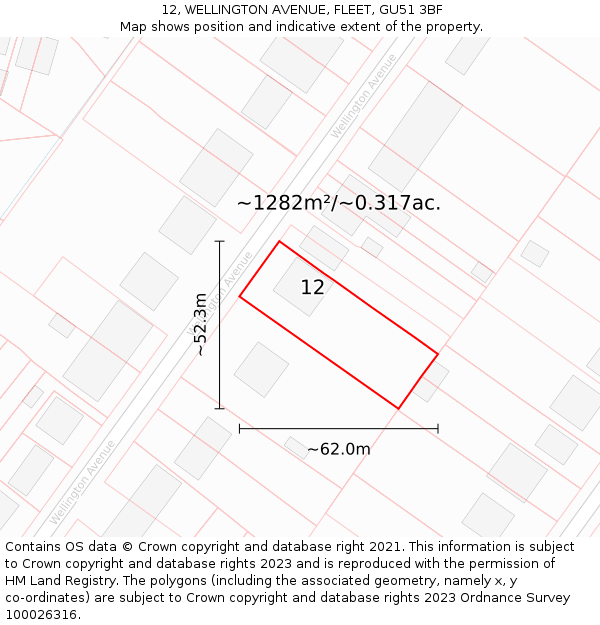 12, WELLINGTON AVENUE, FLEET, GU51 3BF: Plot and title map