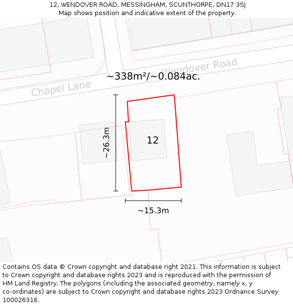 12, WENDOVER ROAD, MESSINGHAM, SCUNTHORPE, DN17 3SJ: Plot and title map