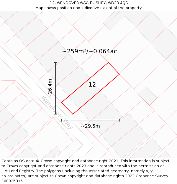 12, WENDOVER WAY, BUSHEY, WD23 4QD: Plot and title map