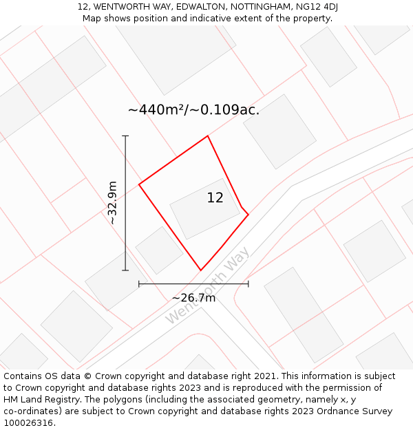 12, WENTWORTH WAY, EDWALTON, NOTTINGHAM, NG12 4DJ: Plot and title map