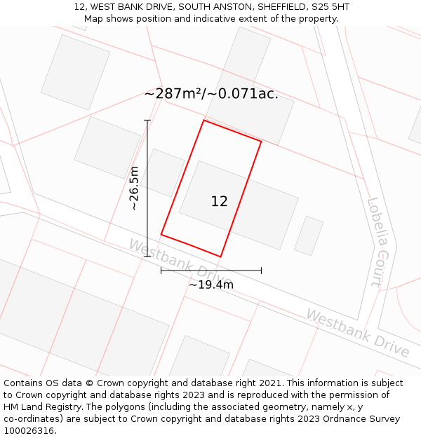 12, WEST BANK DRIVE, SOUTH ANSTON, SHEFFIELD, S25 5HT: Plot and title map