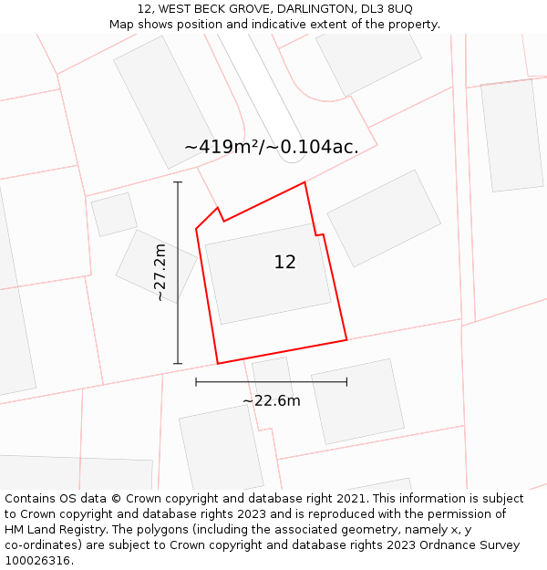 12, WEST BECK GROVE, DARLINGTON, DL3 8UQ: Plot and title map