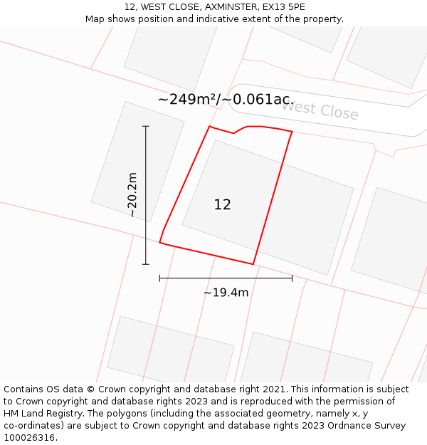 12, WEST CLOSE, AXMINSTER, EX13 5PE: Plot and title map