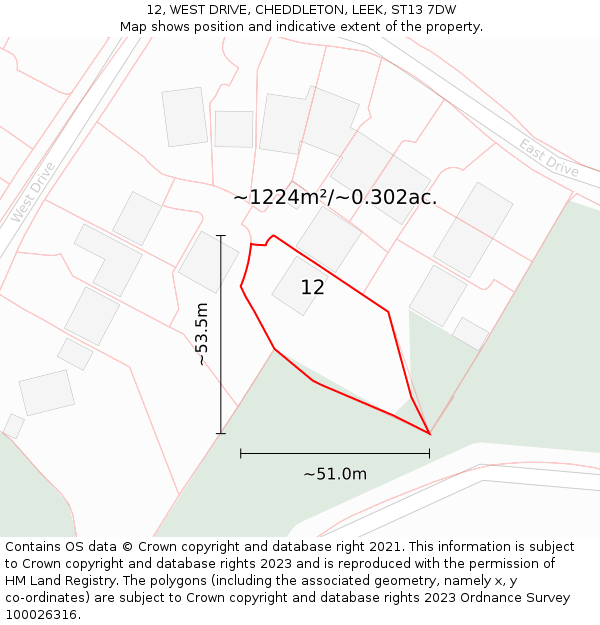 12, WEST DRIVE, CHEDDLETON, LEEK, ST13 7DW: Plot and title map