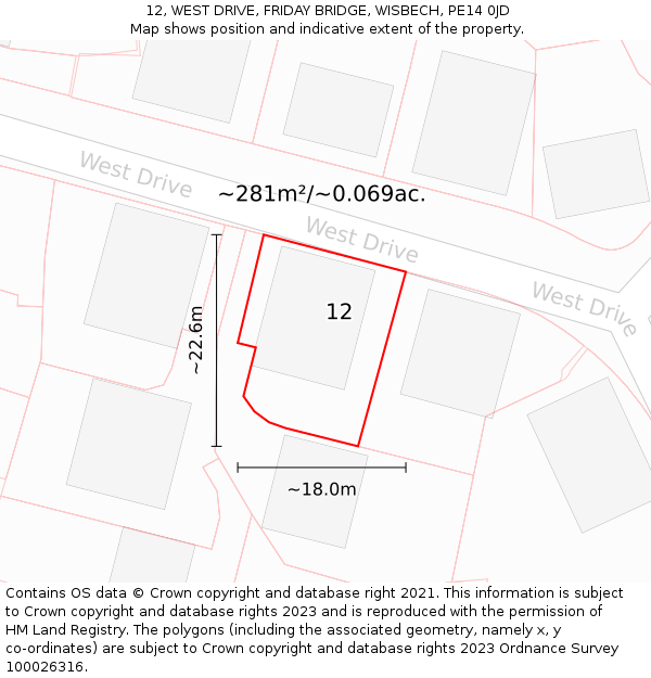 12, WEST DRIVE, FRIDAY BRIDGE, WISBECH, PE14 0JD: Plot and title map