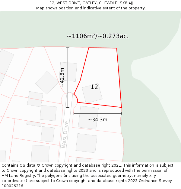 12, WEST DRIVE, GATLEY, CHEADLE, SK8 4JJ: Plot and title map