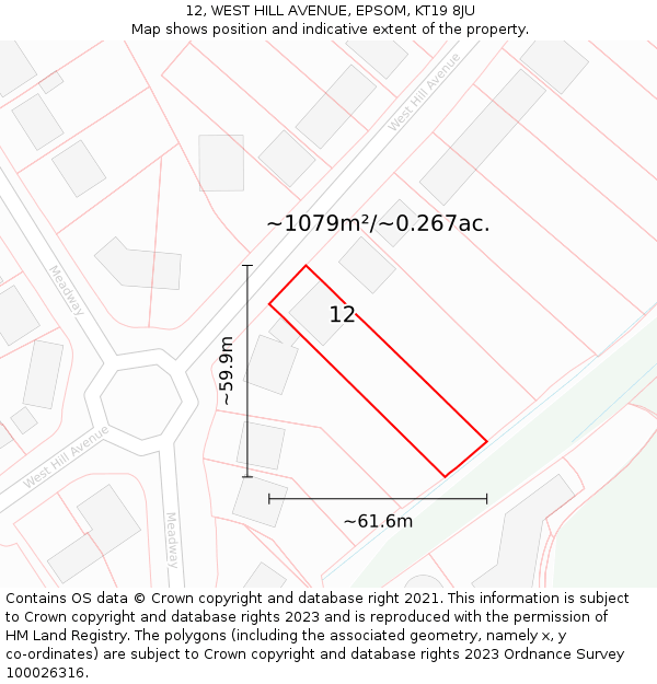 12, WEST HILL AVENUE, EPSOM, KT19 8JU: Plot and title map