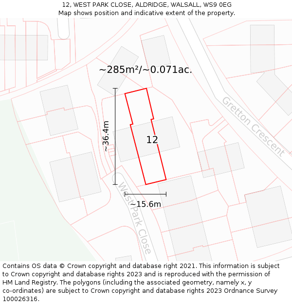 12, WEST PARK CLOSE, ALDRIDGE, WALSALL, WS9 0EG: Plot and title map