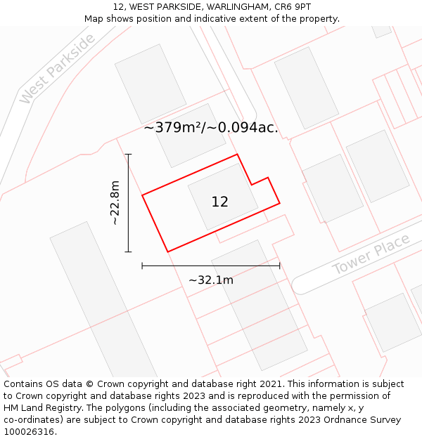 12, WEST PARKSIDE, WARLINGHAM, CR6 9PT: Plot and title map