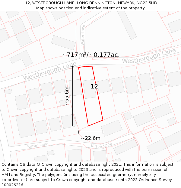 12, WESTBOROUGH LANE, LONG BENNINGTON, NEWARK, NG23 5HD: Plot and title map