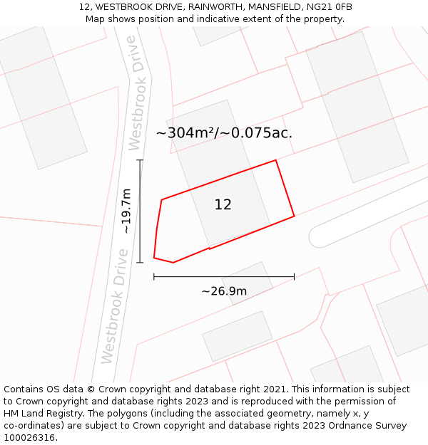 12, WESTBROOK DRIVE, RAINWORTH, MANSFIELD, NG21 0FB: Plot and title map