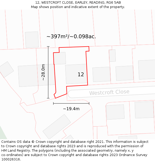 12, WESTCROFT CLOSE, EARLEY, READING, RG6 5AB: Plot and title map