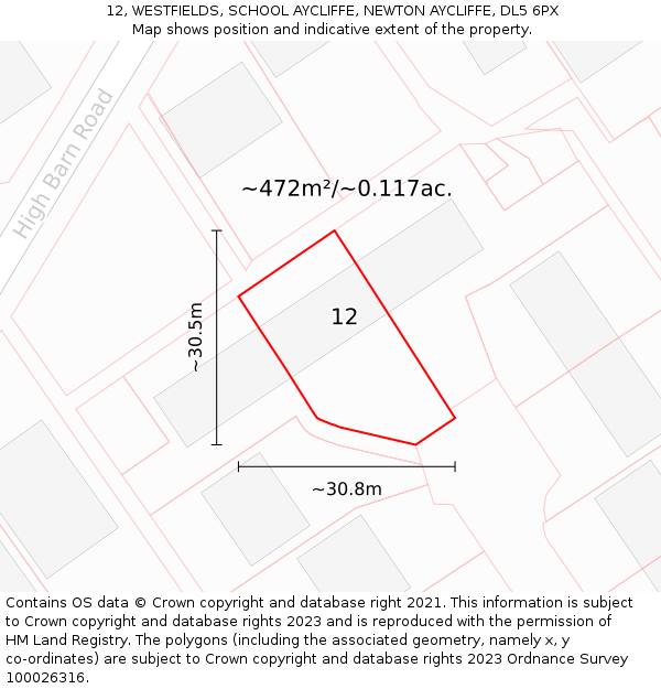 12, WESTFIELDS, SCHOOL AYCLIFFE, NEWTON AYCLIFFE, DL5 6PX: Plot and title map