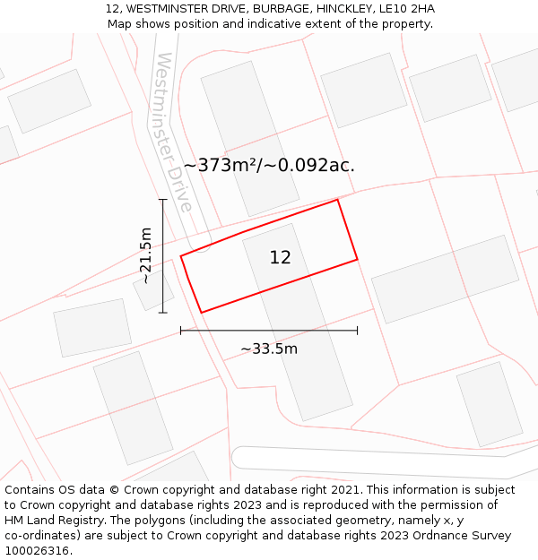 12, WESTMINSTER DRIVE, BURBAGE, HINCKLEY, LE10 2HA: Plot and title map