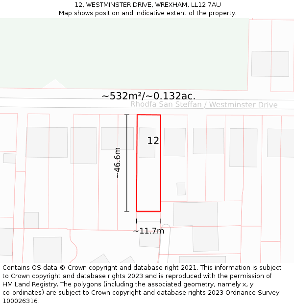 12, WESTMINSTER DRIVE, WREXHAM, LL12 7AU: Plot and title map