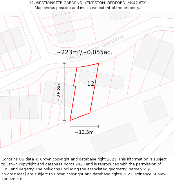 12, WESTMINSTER GARDENS, KEMPSTON, BEDFORD, MK42 8TX: Plot and title map