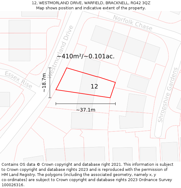 12, WESTMORLAND DRIVE, WARFIELD, BRACKNELL, RG42 3QZ: Plot and title map