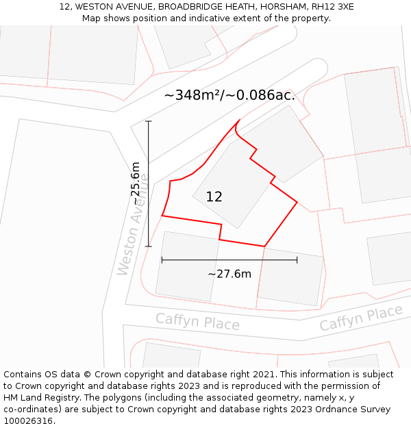 12, WESTON AVENUE, BROADBRIDGE HEATH, HORSHAM, RH12 3XE: Plot and title map