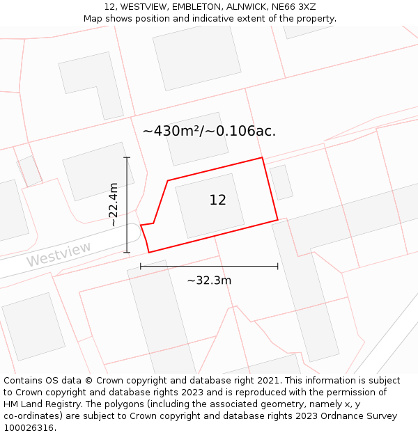 12, WESTVIEW, EMBLETON, ALNWICK, NE66 3XZ: Plot and title map