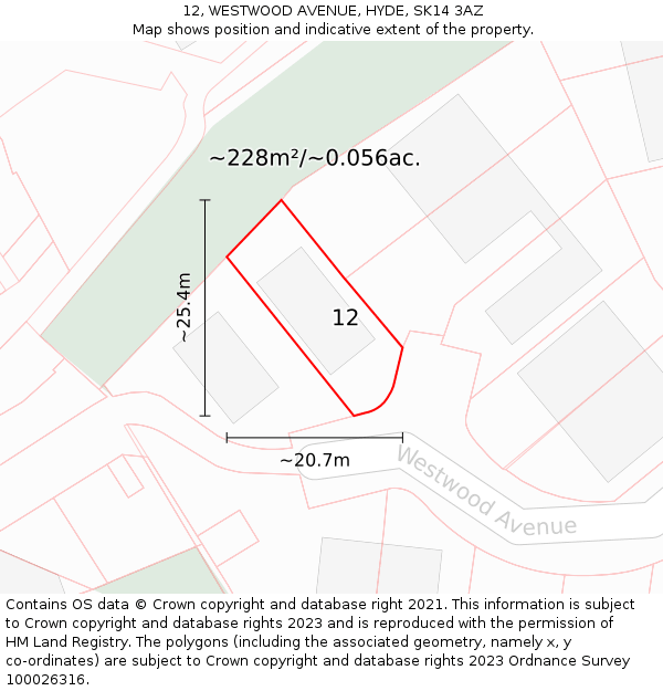 12, WESTWOOD AVENUE, HYDE, SK14 3AZ: Plot and title map