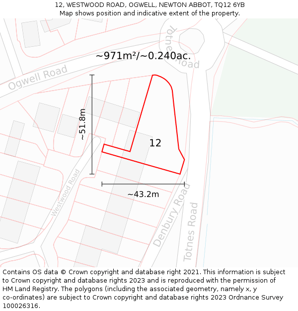 12, WESTWOOD ROAD, OGWELL, NEWTON ABBOT, TQ12 6YB: Plot and title map