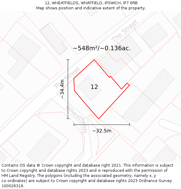 12, WHEATFIELDS, WHATFIELD, IPSWICH, IP7 6RB: Plot and title map